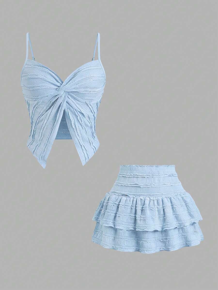 Sweetra French Sweet Ruffle Strap Twist Top & Layered Ruffle Hem A-Line Mini Skirt 2 Pieces Set, Spring/Summer For Women - Baby Blue - View 1