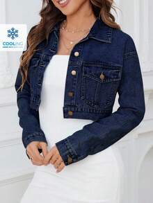 SHEIN ICON Chaqueta vaquera corta de botones delanteros y bolsillo con solapa informal - Azul lavado oscuro - Ver 1