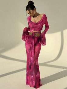 Aloruh 2pcs Women Tie-Dye Print Twist Front Long Sleeve Top And Skirt Set - Hot Pink - View 7