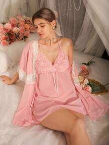 性感吊带睡裙睡袍两件套女士睡衣套装 - 粉色 - 查看 5