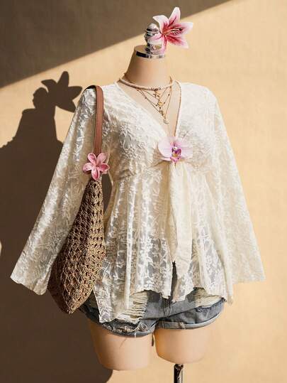 SHEIN ICON 大码V领不对称下摆喇叭袖针织提花上衣，仙女风，复古Y2K喇叭袖衬衫