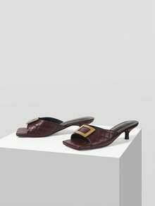 Mnmlis Sandalias de tacón alto con punta cuadrada para mujer, tacón delgado con corte en V, sandalias de moda con punta abierta para celebridades de internet, verano - Marrón oscuro - Ver 2