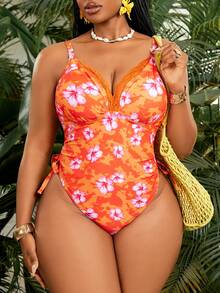 Slaydiva 2026 Nouveau Maillot de bain une pièce ajusté pour femmes grandes tailles avec imprimé floral aléatoire, style mode vacances et casual, cordon de serrage, col montant profond en V, bretelles épaisses réglables - Multicolore - Voir 3