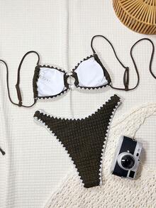 SHEIN Swim مجموعة ملابس سباحة كاجوال وجذابة للنساء، تتكون من بيكيني بنمط زهرة صدفة مع حلقة دائرية وحمالات رفيعة، مصنوعة من قماش جاكارد بنقشة فقاعات ذات لون أحادي، مناسبة للربيع والصيف - قهوة بني - مشاهدة 2