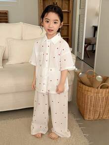 DAZY Young Girl Heart Print Button Front Short Sleeve Top And Pants Pajama Set - White - View 6