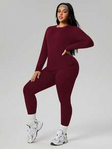 SHEIN Sports 大码女士抓绒保暖内衣套装，舒适打底衫，户外冬季滑雪保暖紧身裤，长袖圆领上衣和裤子套装，瑜伽服 - 酒紅色 - 查看 4
