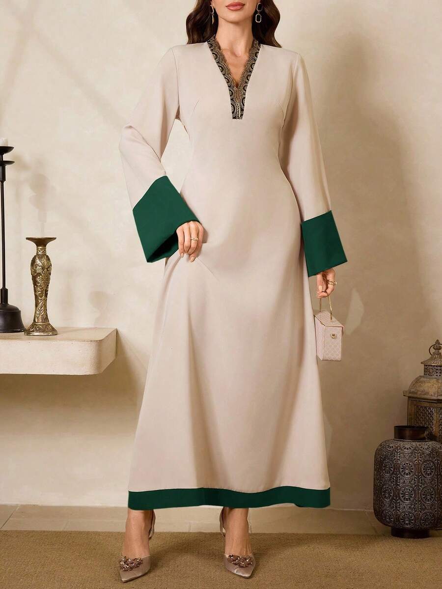 Al Najma 女士V领撞色休闲派对外出阿拉伯风喇叭袖连衣裙 - 杏色 - 查看 1