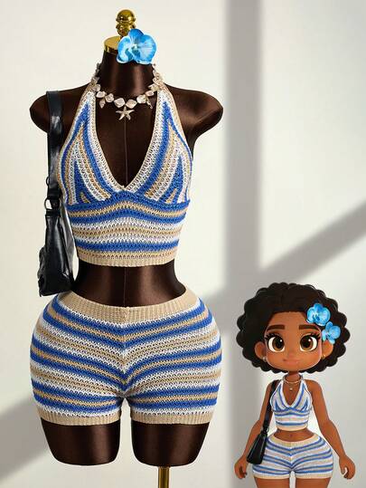 Zestiva Women's Striped Color Block Halter Crop Top And Tight Shorts 2 Pieces Set