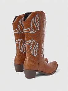 ROMWE 2025复古英伦乡村风西部刺绣牛仔靴，女士秋季靴 - 棕色 - 查看 5