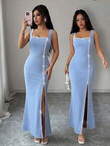 Elenzga 女士优雅正式礼服，无袖珍珠装饰修身美人鱼连衣裙，适合派对穿着 - 水藍色 - 查看 8