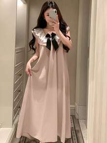 DAZY 蕾丝拼接无袖纯色宽松长连衣裙，夏季休闲女装 - 粉色 - 查看 1