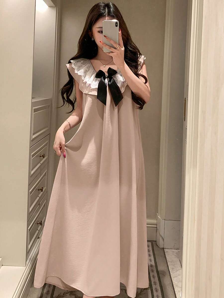 DAZY 蕾丝拼接无袖纯色宽松长连衣裙，夏季休闲女装 - 粉色 - 查看 1