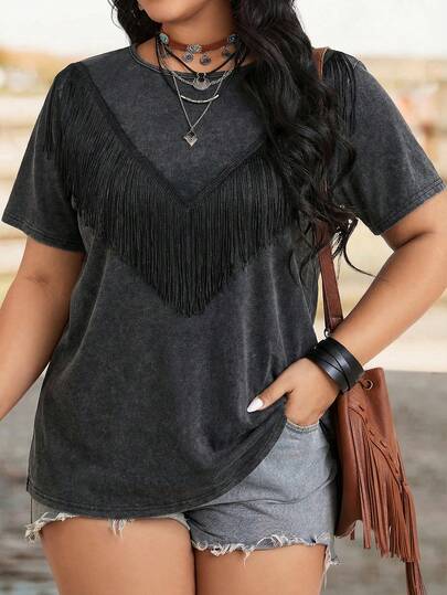 SHEIN LUNE Camiseta casual de moda occidental con flecos, lentejuelas y estilo de festival de música para vacaciones, talla grande