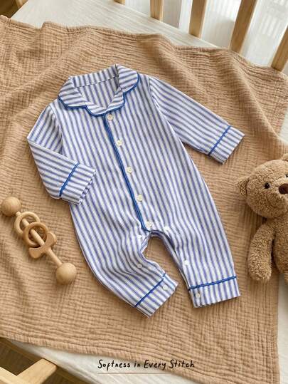 Cozy Pixies Newborn Baby Girl/Boy Striped Pattern Lapel Long Sleeve Jumpsuit, Versatile & Comfortable