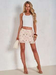 Glamine Women's Sequin Embroidered Pink Sequin Floral Mini Skirt, Summer Boho Sexy Vacation Holiday Party Going Out Wear Sparkly Drawstring Tie Side Wrapped - Apricot - View 3