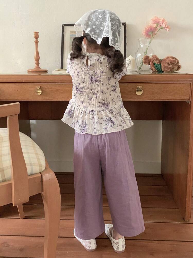 Baby Girls' Korean Style Floral Print Short Sleeve Shirt And Loose Pants 2pcs Set Summer