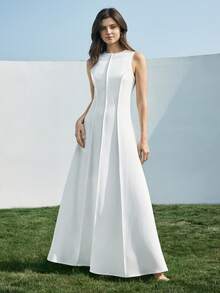 Ontre 2026 New Spring/Summer Woven Fabric Dress, Waist Cinched A-Line Silhouette, Sleeveless, Minimalist Design, Suitable For Business, Casual, Independence Day, Urban Chic, Commuting - White - View 3