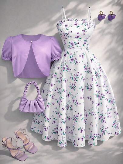 Franclia Plus Size Women's Solid Color Knit Top Paired With Printed Slip Dress Set, Minimalist 2-Piece Outfit; Plus Size Women's Short Jacket Top Paired With Floral Print Slip Dress, Elegant Large Hem Maxi Dress