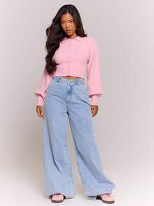 MUSERA Knit Button Down Collar Detail Cardigan Co-Ord Top Only Streetwear Coolgirl Winter Sexy Casual Odd Drift - Pink - View 5