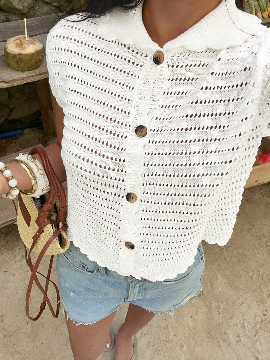 Sunnyshic Women's White Fashionable Versatile Casual Hollow Lapel Short Sleeve Vacation Style Cardigan, Summer - White - View 1