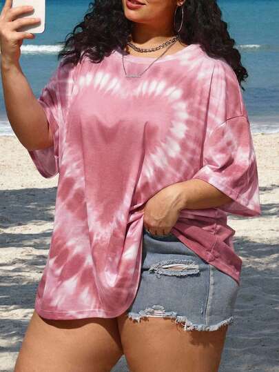 SHEIN CURVE+ Plus Size Women Heart Tie-Dye Print Loose Dropped Shoulder T-Shirt, Summer Tops