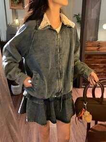 DAZY 女士蕾丝水洗韩版长袖外套和荷叶边牛仔裙套装 - 藍色 - 查看 8