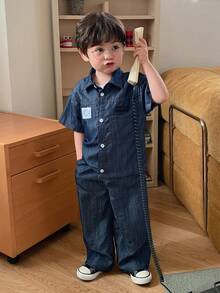 DAZY 男婴休闲时尚街头通勤字母印花短袖牛仔衬衫和牛仔裤套装，春夏秋季 - 藍色 - 查看 7