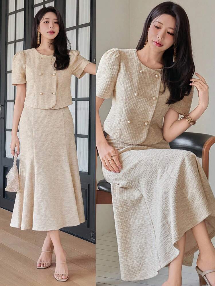 Women's Elegant Solid Color Round Neck Puff Sleeve Blouse And Fish Tail Hem Skirt 2-Piece Set, Summer,Wedding Guest Dress Women
