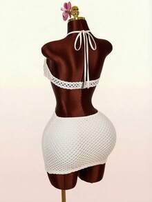 Amplova Women's Beaded Camisole Mini Dress, Sexy Backless Halter Neck With Hollow Waist Design, Suitable For Beach Vacation - White - View 16