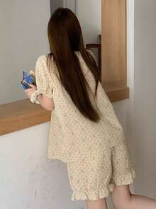 DAZY Summer Sweet Polka Dot Rabbit Print Contrast Trim Women Pajama Set - White - View 2