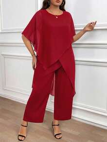 Reflora Plus Size Summer Elegant Solid Color Asymmetric Hem Top And Pants 2 Pieces Set - Burgundy - View 8