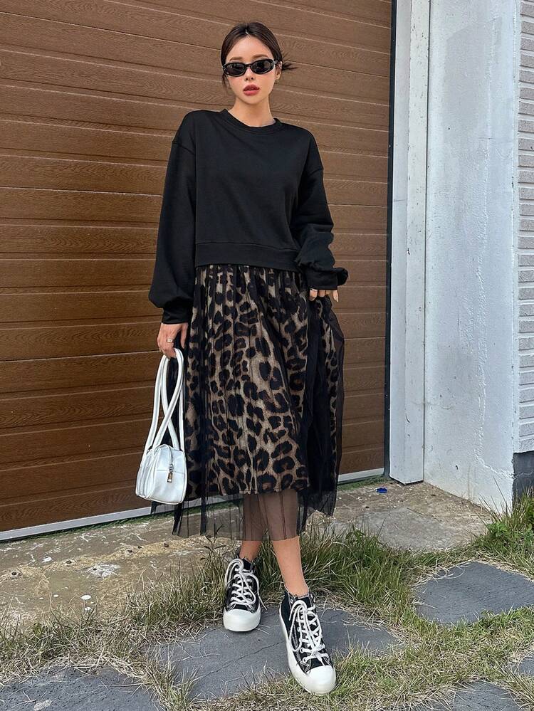 Tall Women's Leopard Print Mesh Patchwork Casual Long Dress Sundress