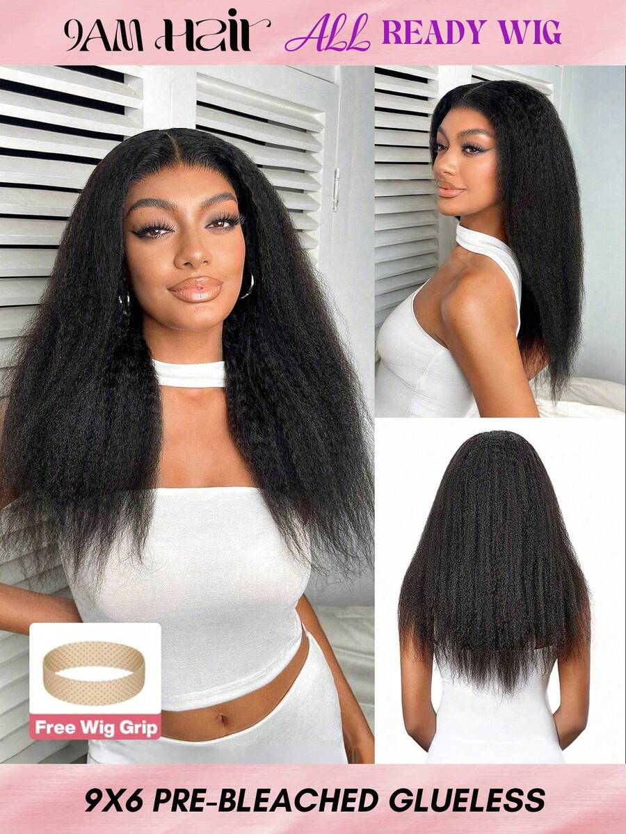 ALL READY WIG Wear & Go 无胶卷曲直发透明蕾丝前假发人发预拔漂白结 180% 密度 8-30 英寸 9*6 Yaki 直发蕾丝闭合假发 适合女性 自然黑色 - SNatural - 查看 1