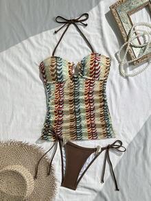 Bellisia Bộ bikini nữ mùa xuân/hè dệt kim jacquard không gọng, áo croptop hai dây và quần bơi buộc dây bên hông, thích hợp cho kỳ nghỉ biển. - Nhiều màu - Xem 6