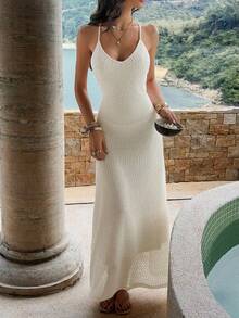 Pariaura Women's Elegant And Casual Apricot V-Neck Sexy Backless Halter Loose Maxi Beach Vacation Dress - Apricot - View 6