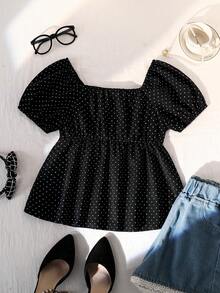 女童复古甜美风上衣一件：珍珠饰边+白色波点，泡泡袖短袖方领收腰设计，轻薄不蓬松，宽松舒适，适合约会/日常穿着，春夏皆宜。 - 黑色 - 查看 2