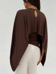 Aloruh 女士纯色时尚修身披肩领T恤 - 杏色 - 查看 7