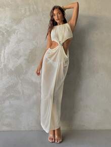 Aloruh 女士春夏新款杏色罩衫连衣裙，长款垂褶设计，金属装饰纽扣，优雅性感薄纱沙滩裙 - 杏色 - 查看 5