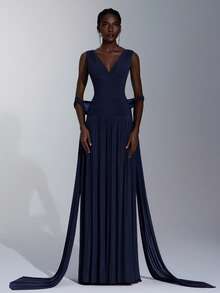 Elitara 优雅藏蓝色亮面网纱V领褶皱超大A字裙（带可拆卸垂坠雪纺片），适合约会、单身派对、婚礼、活动、伴娘礼服 - 藏蓝色 - 查看 7