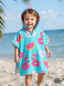 Infant/Toddler Boys' Blue Background Pink Flamingo Print Hooded Cover Up Swimwear, V-Neck Hooded Cape, Infant/Toddler Wearable Towel, Beach Coverup, Essential For Bath, Swimming Toddler Swim Cover Up - Multicolor - View 3