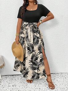 SHEIN Frenchy Đầm mùa hè cỡ lớn dành cho nữ, họa tiết nhiệt đới, phối màu, cổ tròn, xẻ tà cao, có thắt lưng. - Nhiều màu - Xem 7