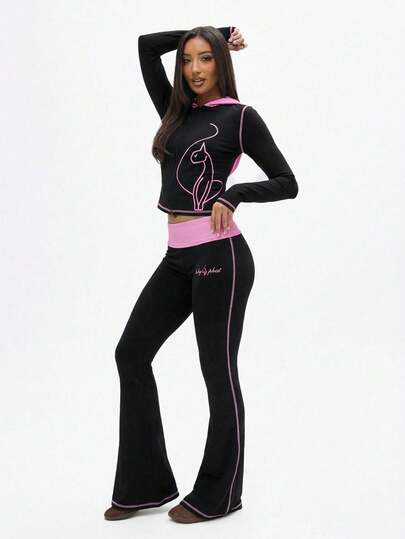 BABYPHAT Contrast Detail Flare Leggings With Pink Hood And Side Seam Piping For Casual Everyday Wear