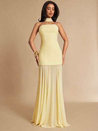 Silquee This Romantic Yellow Mesh-Paneled Strapless Dress With A Flowing Collar Is Perfect For Spring And Summer. It Features A Fitted Bodice And A Flowing Skirt, Suitable For Brunch, Wedding Guests, Formal Social Occasions, And Summer Wear. It Can Also Be Worn As A Wedding Party Dress, A Mini Birthday Dress, Etc. Ideal For Vacations, Parties, Gatherings, Bachelor/Bachelorette Parties, Weddings, Brunch, Elegant Social Occasions, Summer Wear, Date Nights, Birthday Parties, And Beach Vacations.