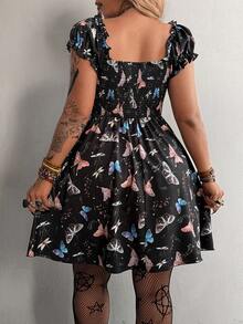 Whyspr Drawstring Square Neck Printed Short Sleeve Waist Cinched Dress - Black - View 2