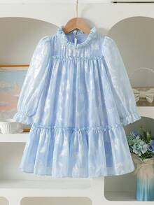 SHEIN Vintaside Kids 女童优雅公主风荷叶边领长袖提花刺绣双层荷叶边下摆宽松公主裙，适合度假、旅行、派对、送礼，春秋季穿着。 - 藍色 - 查看 3