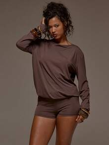 MUSERA 棕色针织船领宽松长袖连体裤，适合春夏度假海滩伊比沙岛音乐节派对，优雅迷人 - 咖啡棕 - 查看 5