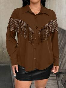 SHEIN LUNE Plus Size Fashionable Patchwork Long Sleeve Women Top With Tassels, Tassel & Rivet Patchwork Design, Suitable For Party, Gala And Daily Wear - Khaki - View 4