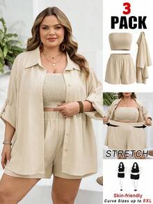 SHEIN CURVE+ Curve 尺码 US22 音乐节、海滨度假、波西米亚风女士休闲度假开衫、无肩带短裤、衬衫三件套、沙滩度假三件套 - 卡其色 - 查看 1