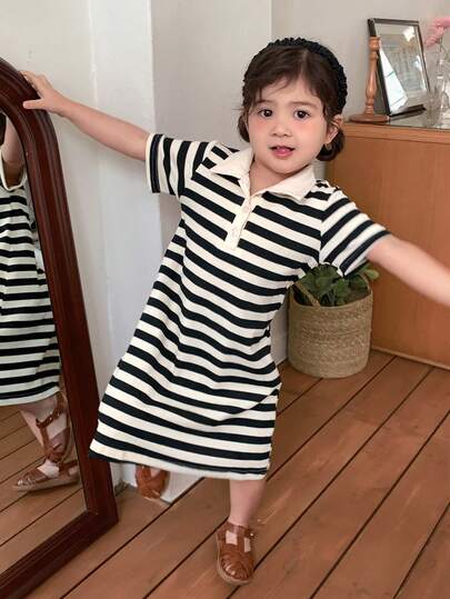 DAZY Toddler Girls' Casual Striped Polo Collar Contrast Color Short Sleeve Dress