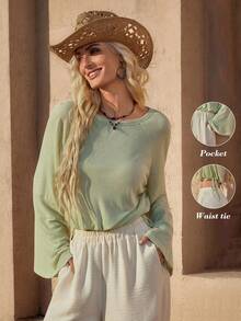 Wildy Chemise à manches longues évasée de style basique, couleur unie, style country western décontracté bohème pour femmes. Idéal pour la sortie, les vacances et les déplacements - Vert - Voir 3